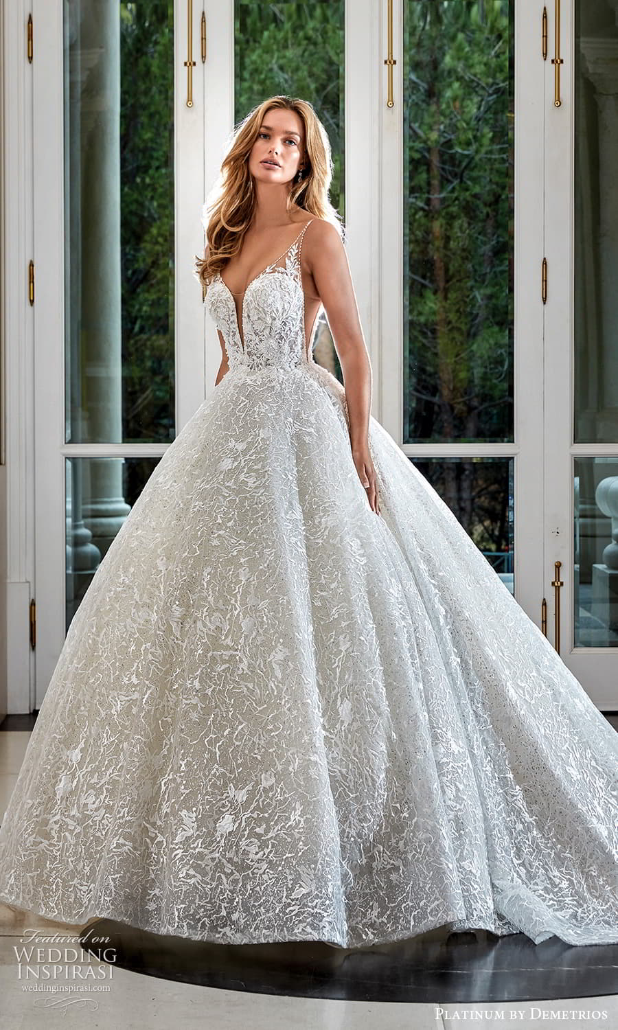 demetrios 2023 platinum bridal sleeveless strap plunging v neckline fully embellished a line ball gown wedding dress chapel train (5) mv
