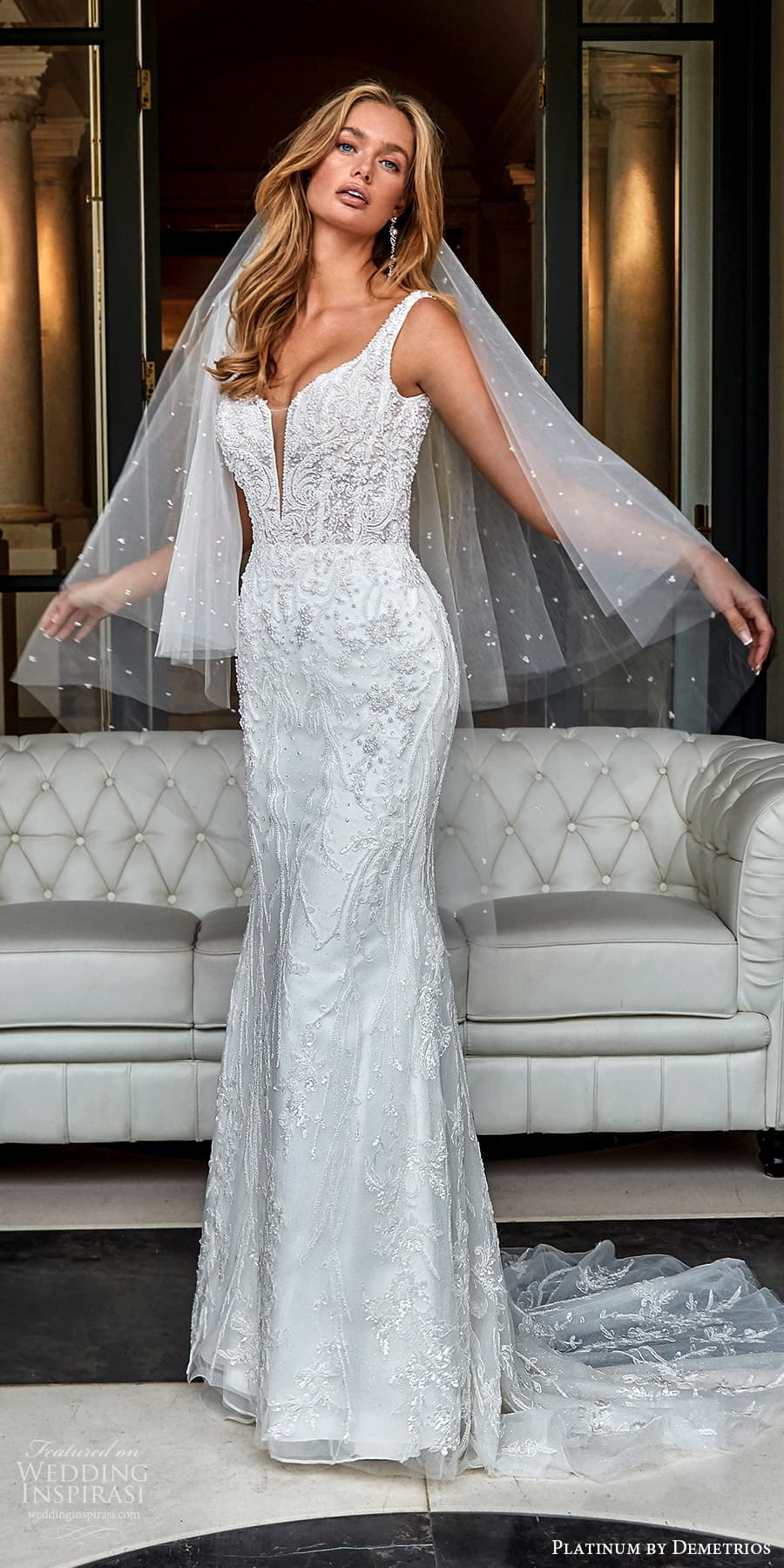 demetrios 2023 platinum bridal sleeveless strap plunging v neckline fully embellished sheath fit flare mermaid wedding dress chapel train (6) mv