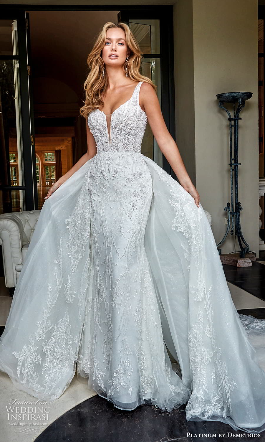 demetrios 2023 platinum bridal sleeveless strap plunging v neckline fully embellished sheath fit flare mermaid wedding dress chapel train a line overskirt (6) mv demetrios 2023 platinum bridal sleeveless strap plunging v neckline fully embellished sheath fit flare mermaid wedding dress chapel train a line overskirt (6) mv