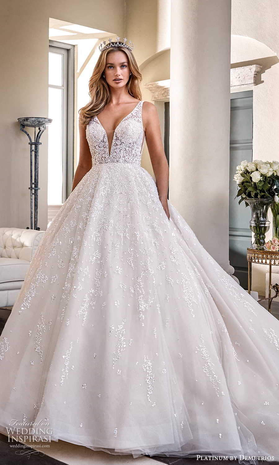 demetrios 2023 platinum bridal sleeveless strap plunging v neckline heavily embellished a line ball gown wedding dress chapel train (18) mv