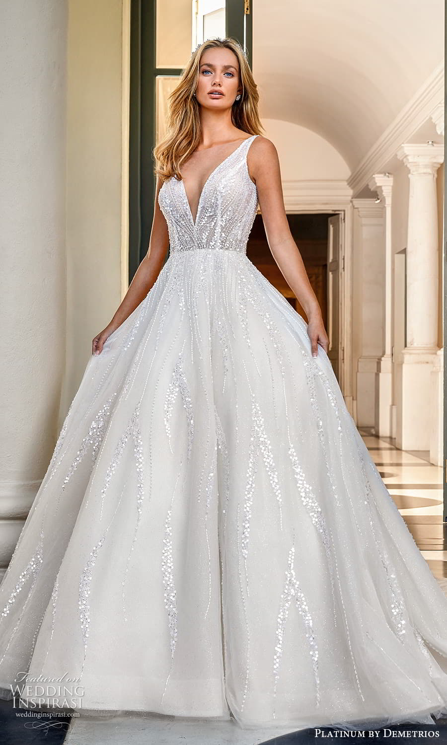 demetrios 2023 platinum bridal sleeveless strap v neckline fully embellished a line ball gown wedding dress chapel train (11) mv