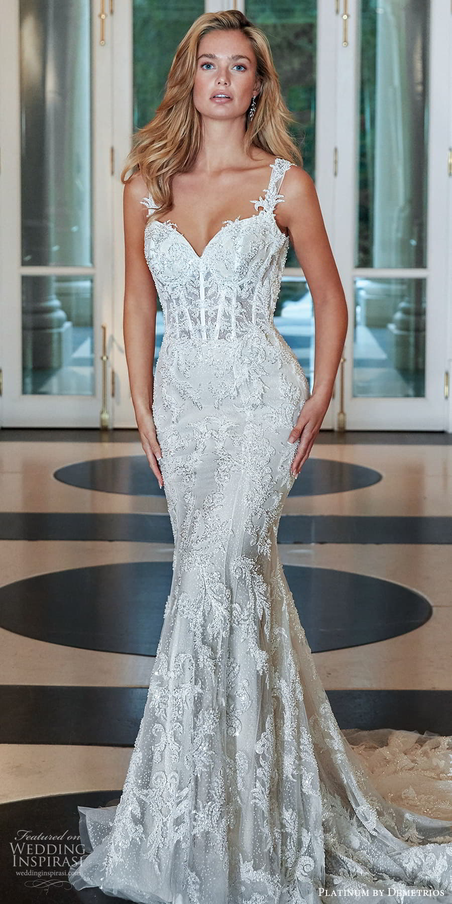 demetrios 2023 platinum bridal sleeveless straps sweetheart neckline embellished sheath wedding dress chapel train (9) mv