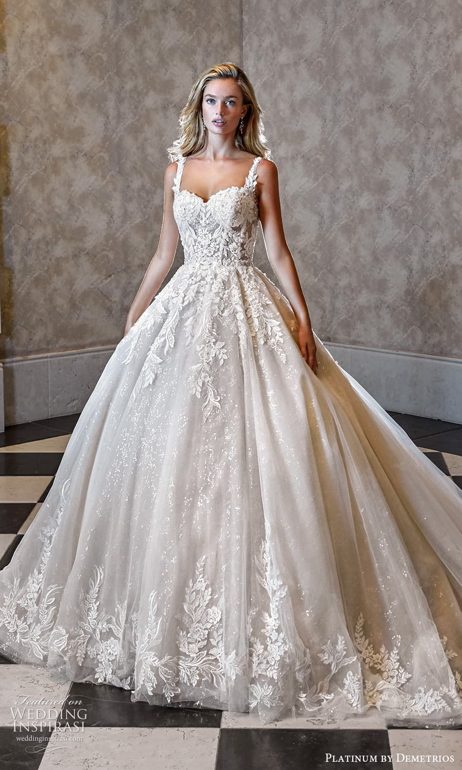demetrios 2023 platinum bridal sleeveless straps sweetheart neckline heavily embellished bodice a line ball gown wedding dress chapel train (8) mv