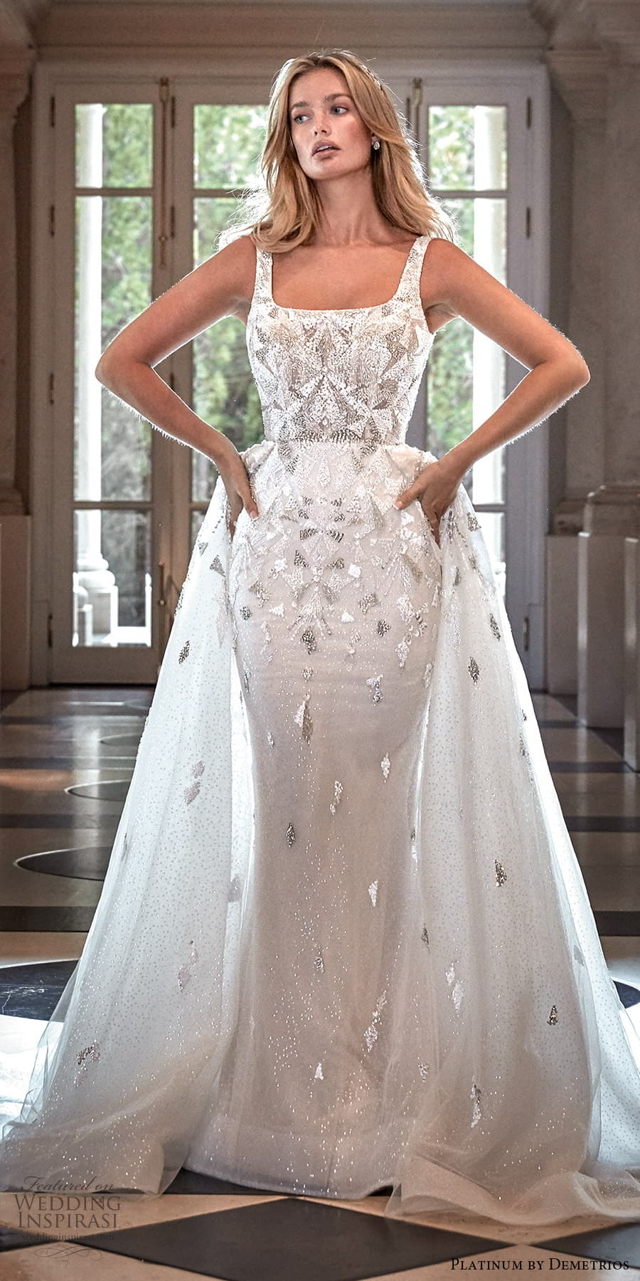 demetrios 2023 platinum bridal sleeveless thick straps square neckline heavily embellished bodice sheath wedding dress a line overskirt chapel train (15) mv demetrios 2023 platinum bridal sleeveless thick straps square neckline heavily embellished bodice sheath wedding dress a line overskirt chapel train (15) mv
