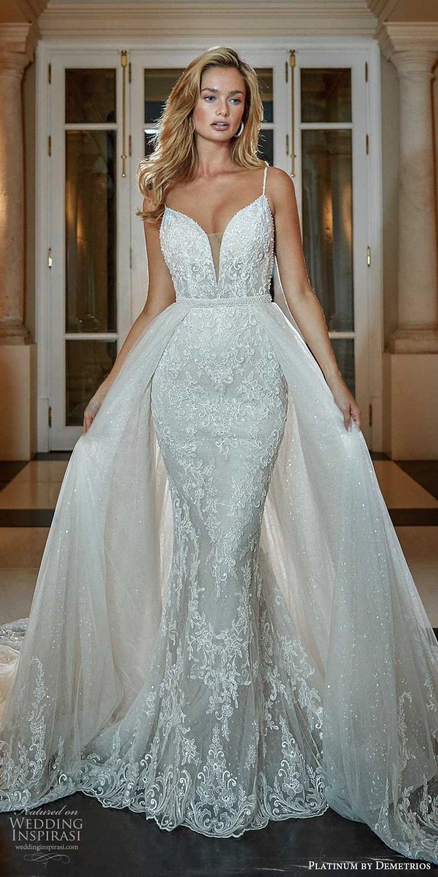 demetrios 2023 platinum bridal sleeveless thin straps plunging v neckline fully embellished sheath wedding dress a line overskirt chapel train (10) mv demetrios 2023 platinum bridal sleeveless thin straps plunging v neckline fully embellished sheath wedding dress a line overskirt chapel train (10) mv