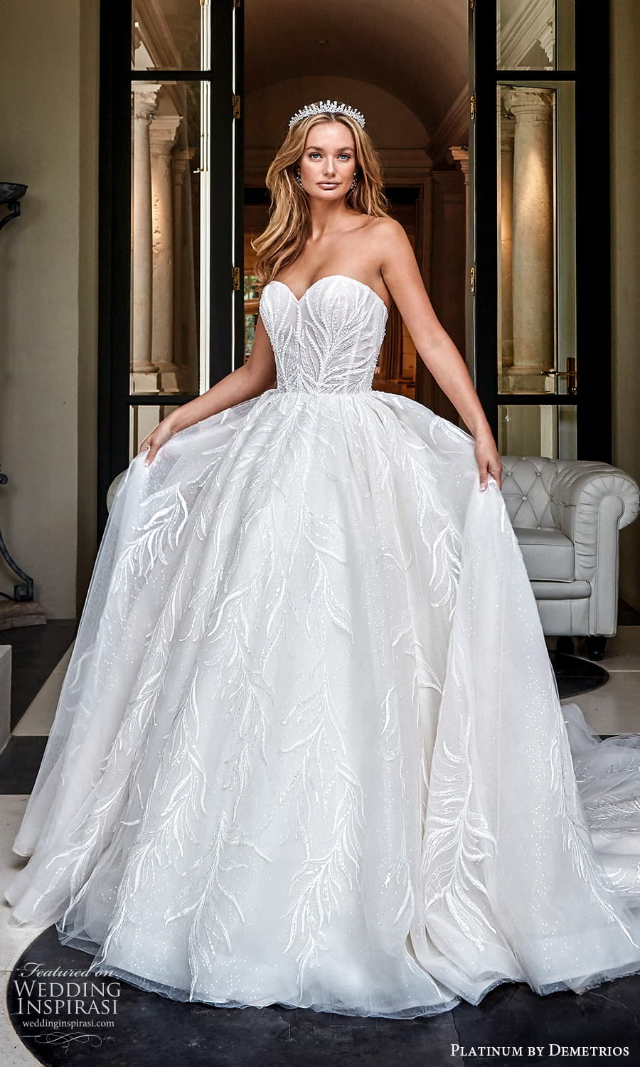 demetrios 2023 platinum bridal strapless sweetheart neckline heavily embellished bodice a line ball gown wedding dress chapel train (1) mv demetrios 2023 platinum bridal strapless sweetheart neckline heavily embellished bodice a line ball gown wedding dress chapel train (1) mv
