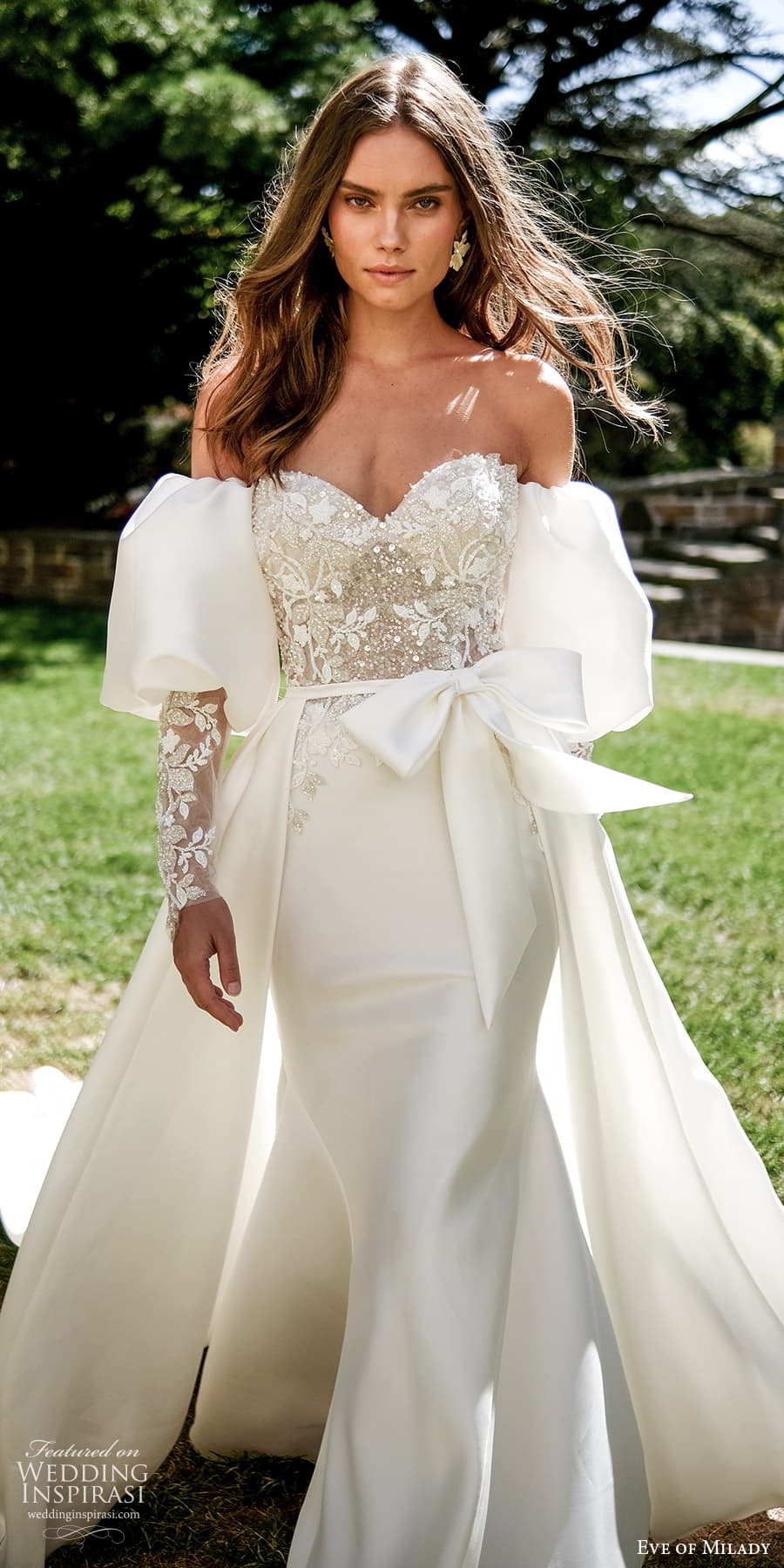 eve of milady spring 2023 boutique bridal detached long puff sleeve strapless sweetheart neckline heavily embellished bodice clean skirt sheath wedding dress chapel train (1) mv
