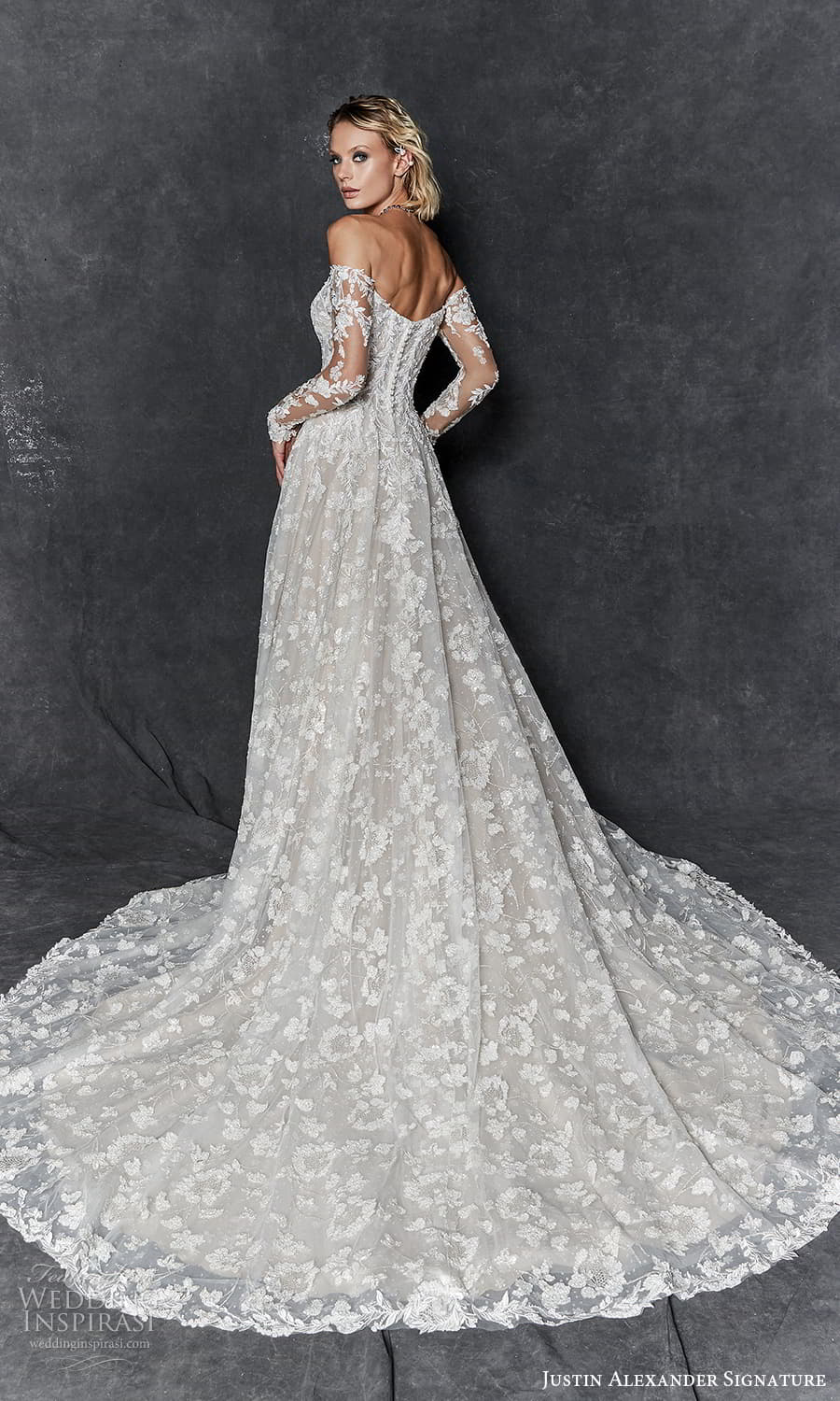 justin alexander signature fall 2023 bridal detached sheer long sleeve sweetheaert neckline fully embelilshed a line ball gown wedding dress chapel train (4) bv