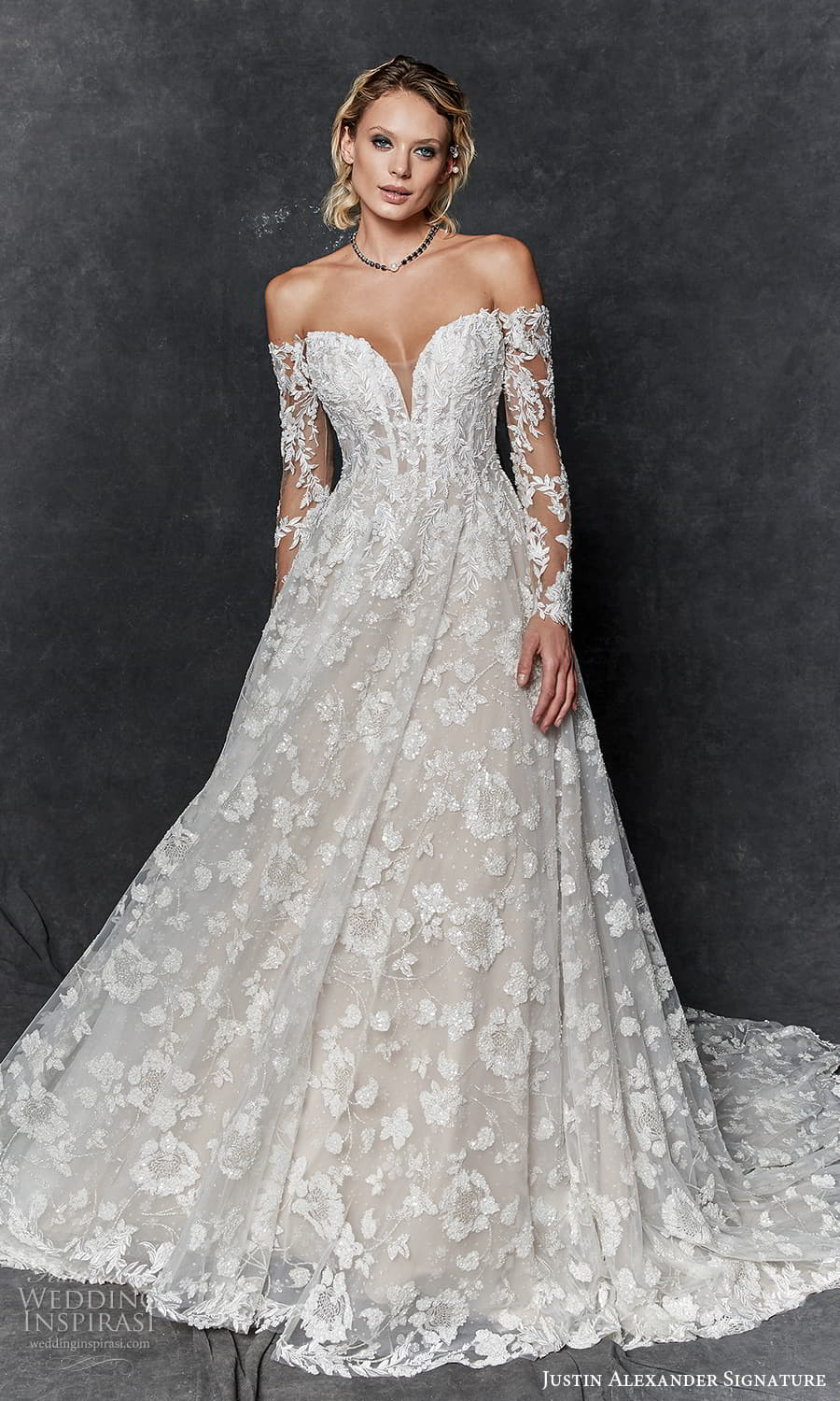 justin alexander signature fall 2023 bridal detached sheer long sleeve sweetheaert neckline fully embelilshed a line ball gown wedding dress chapel train (4) mv