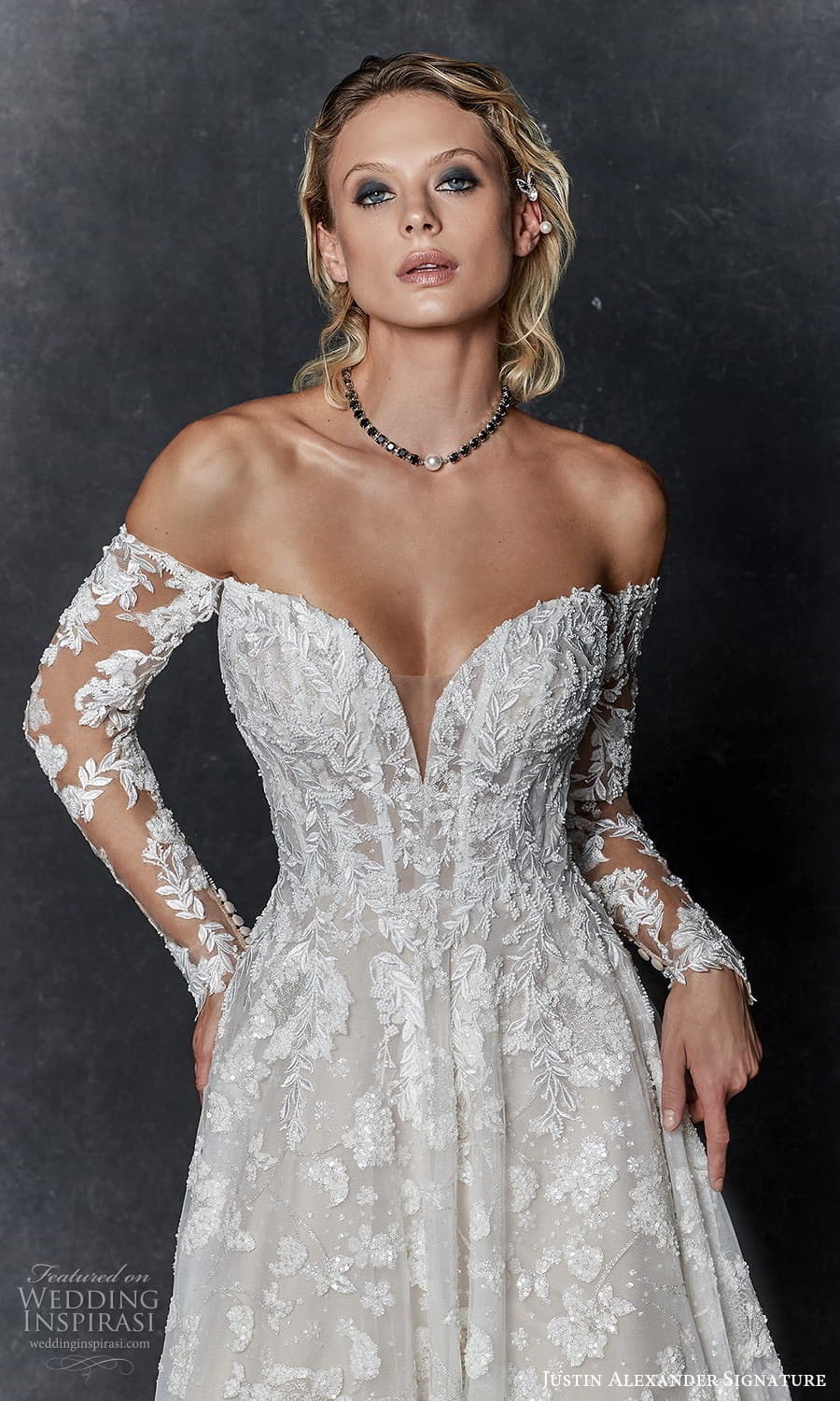 justin alexander signature fall 2023 bridal detached sheer long sleeve sweetheaert neckline fully embelilshed a line ball gown wedding dress chapel train (4) zv