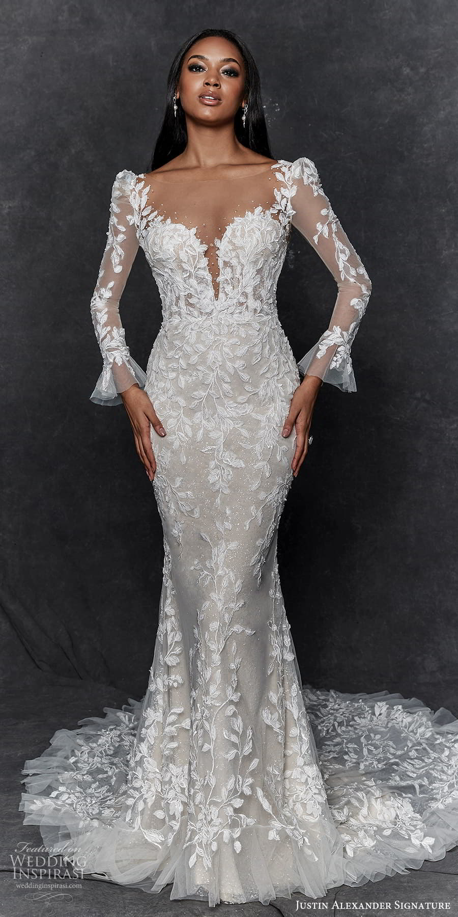 justin alexander signature fall 2023 bridal flare long puff sleeve sweetheart neckline fully embellished sheath wedding dress chapel train (5) mv