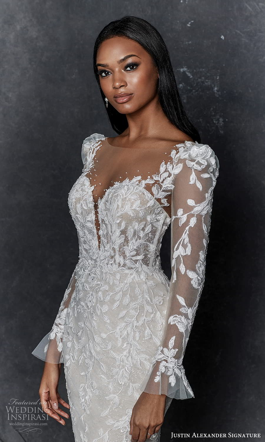 justin alexander signature fall 2023 bridal flare long puff sleeve sweetheart neckline fully embellished sheath wedding dress chapel train (5) zv