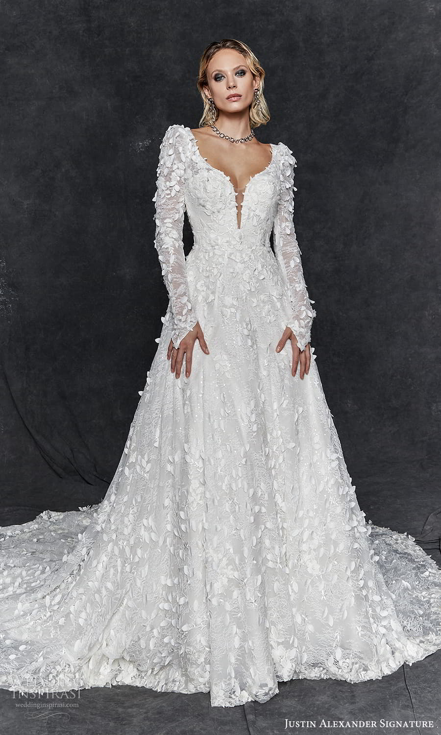 justin alexander signature fall 2023 bridal long puff sleeve plunging v neckline fully embellished a line ball gown wedding dress chapel train (9) mv