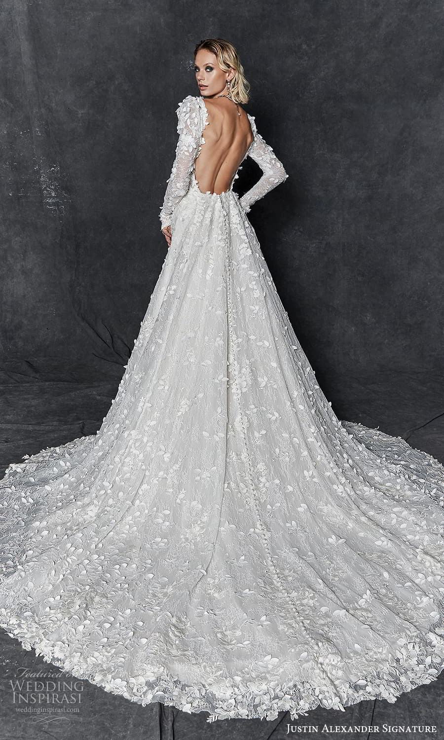 justin alexander signature fall 2023 bridal long puff sleeve plunging v neckline fully embellished a line ball gown wedding dress chapel train low back (9) bv