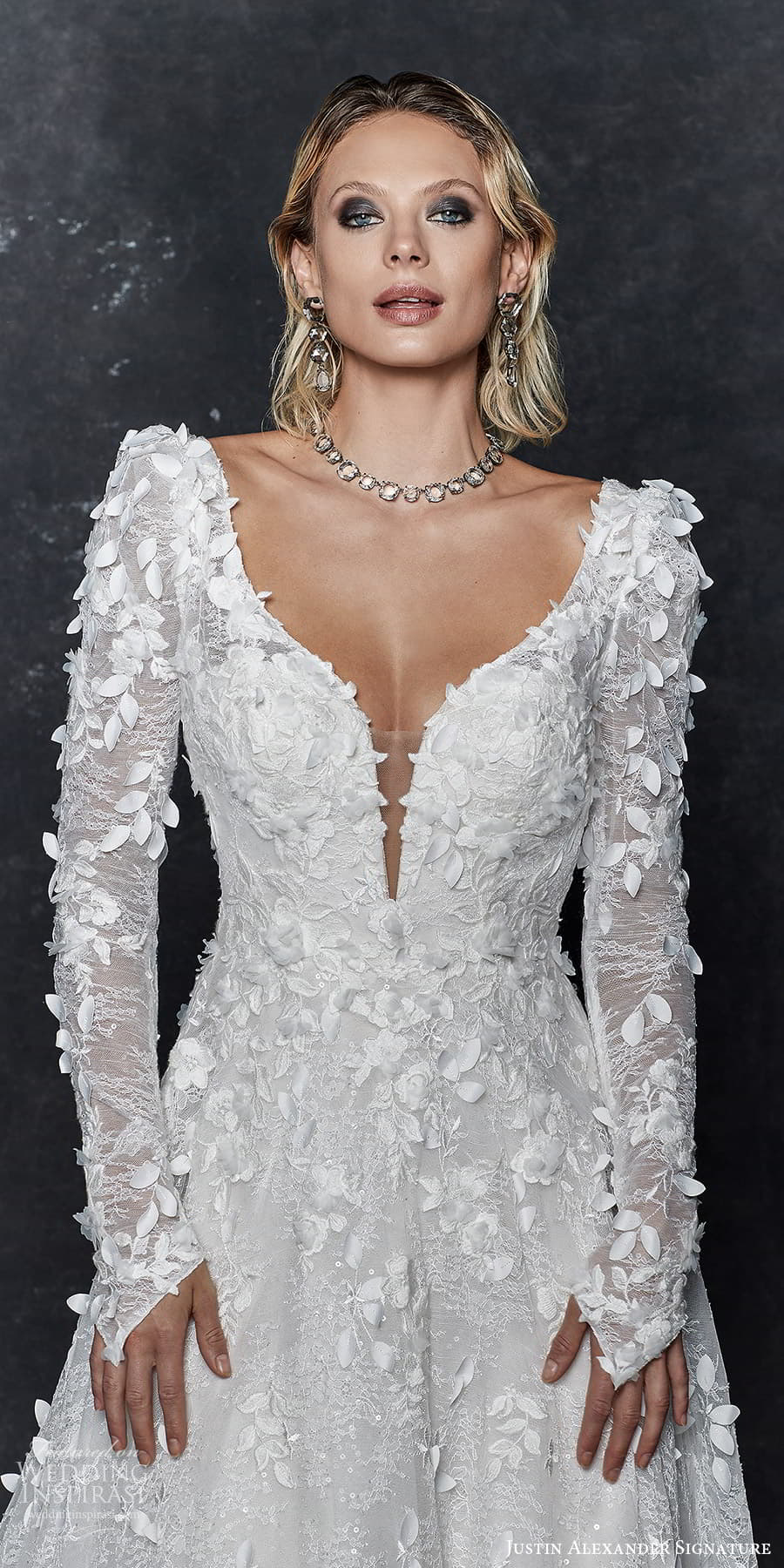justin alexander signature fall 2023 bridal long puff sleeve plunging v neckline fully embellished a line ball gown wedding dress chapel train low back (9) zv