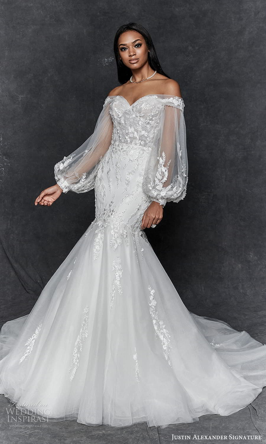 justin alexander signature fall 2023 bridal long sheer bishop sleeve off shoulder sweetheart neckline embellished fit flare mermaid wedding dress chapel train (3) mv justin alexander signature fall 2023 bridal long sheer bishop sleeve off shoulder sweetheart neckline embellished fit flare mermaid wedding dress chapel train (3) mv