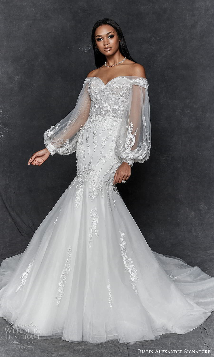 justin alexander signature fall 2023 bridal long sheer bishop sleeve off shoulder sweetheart neckline embellished fit flare mermaid wedding dress chapel train (3) mv