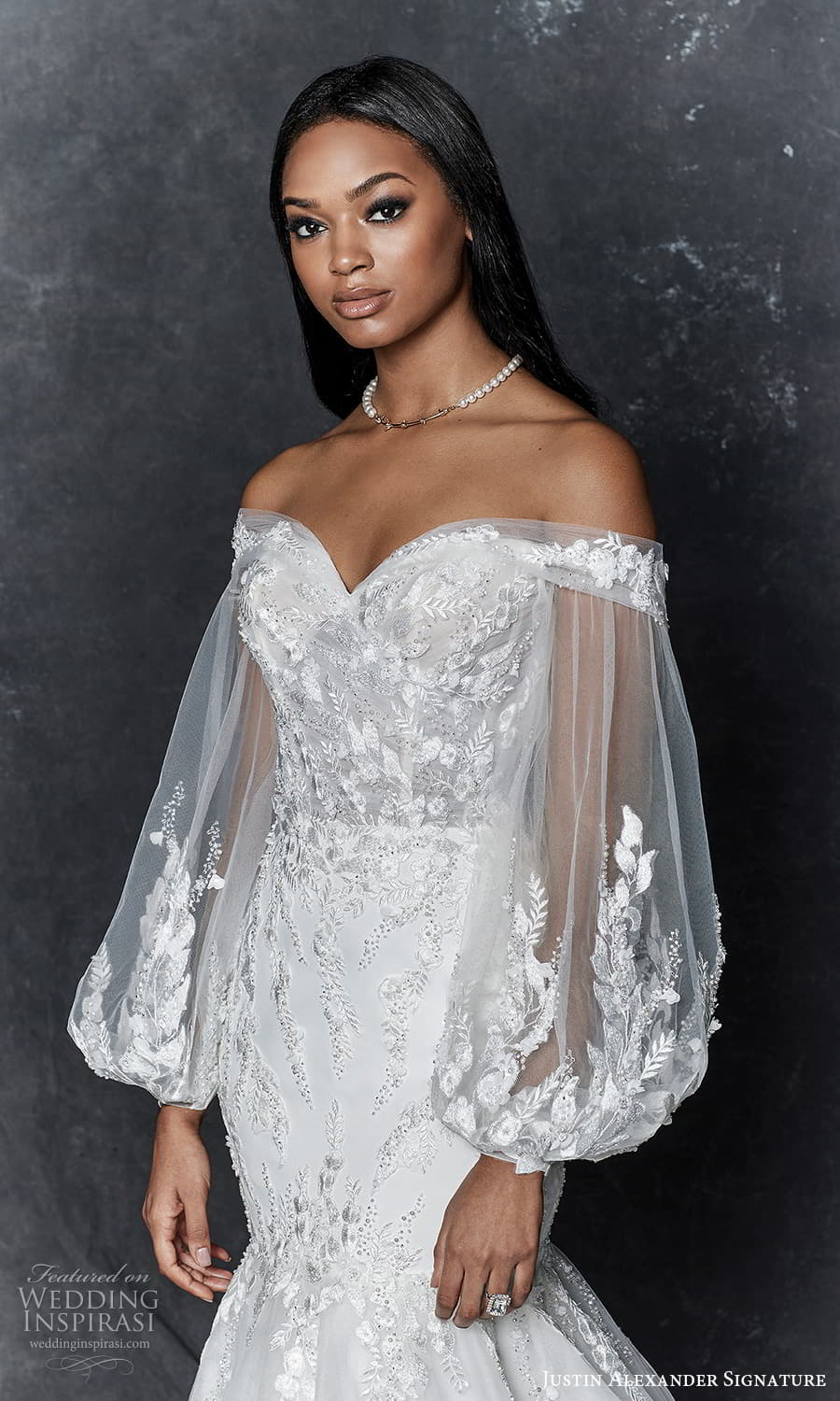 justin alexander signature fall 2023 bridal long sheer bishop sleeve off shoulder sweetheart neckline embellished fit flare mermaid wedding dress chapel train (3) zv