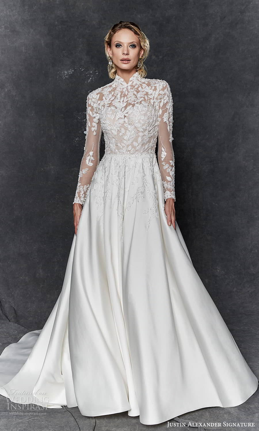 justin alexander signature fall 2023 bridal long sleeve high neckline embellished bodice clean skirt a line wedding dress chapel train (11) mv