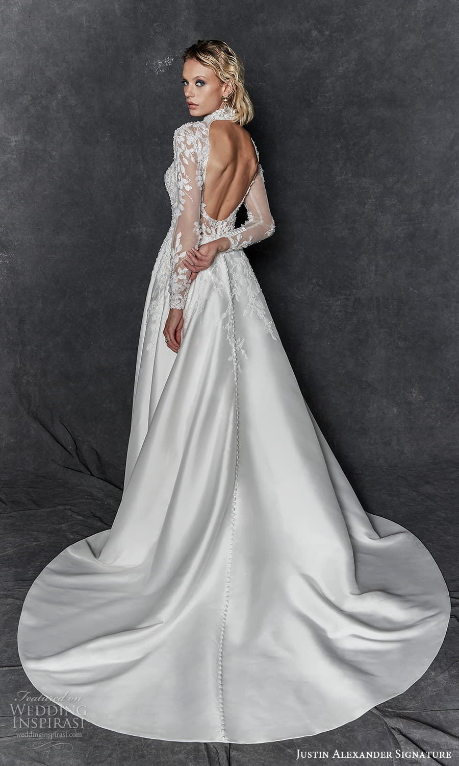 justin alexander signature fall 2023 bridal long sleeve high neckline embellished bodice clean skirt a line wedding dress chapel train keyhole back (11) bv