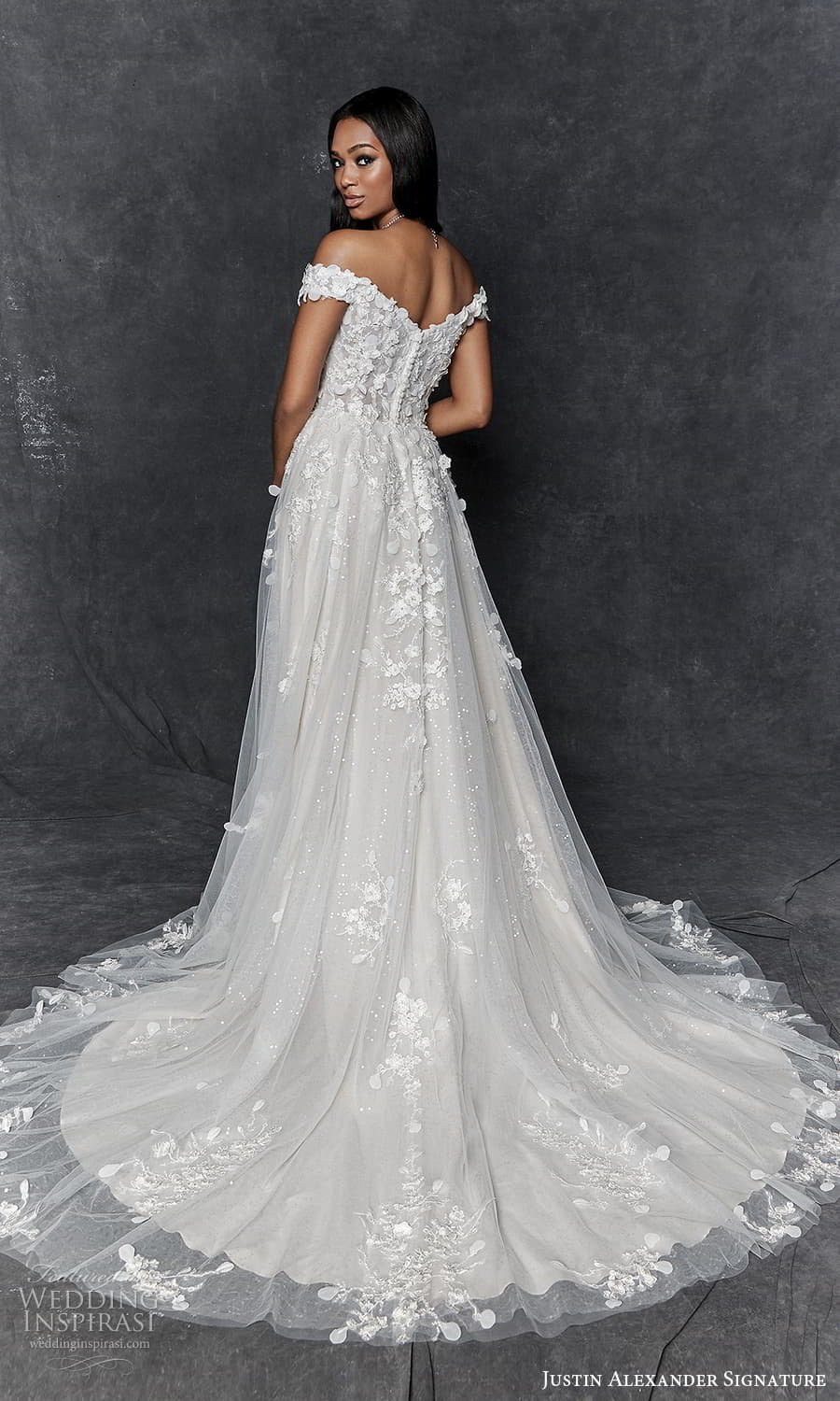 justin alexander signature fall 2023 bridal off shoulder strap swag sleeve plunging sweetheart v neckline heavily embellished bodice a line ball gown wedding dress chapel train (1) bv