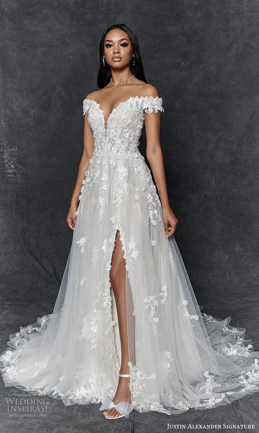 justin alexander signature fall 2023 bridal off shoulder strap swag sleeve plunging sweetheart v neckline heavily embellished bodice a line ball gown wedding dress chapel train (1) mv