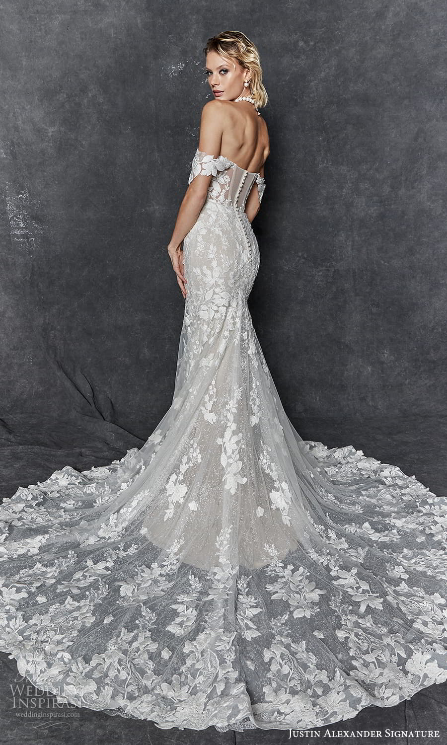 justin alexander signature fall 2023 bridal off shoulder strap swag sleeve sweetheart neckline fully embellished sheath fit flare wedding dress chapel train (13) bv