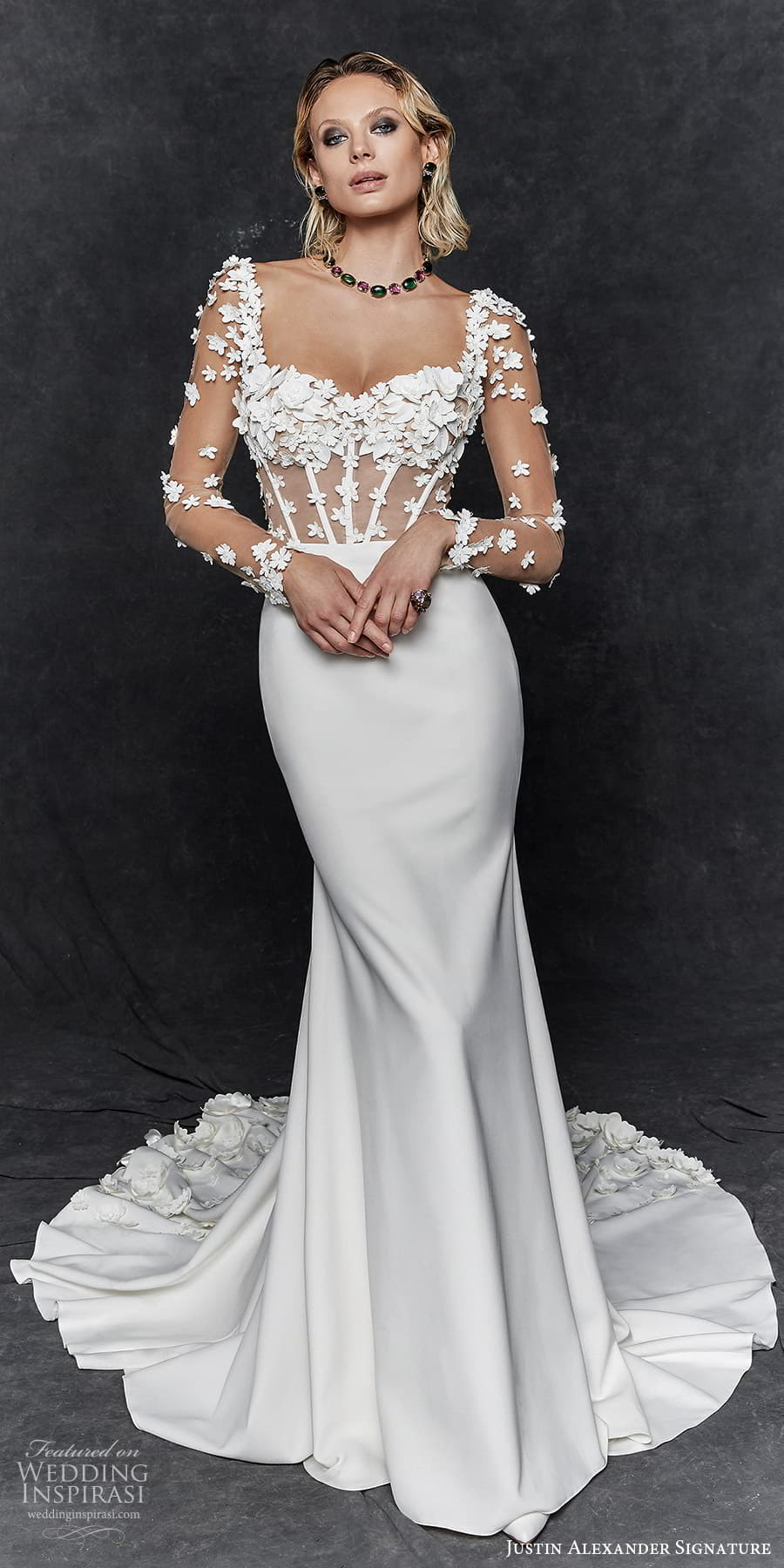 justin alexander signature fall 2023 bridal sheer long sleeve square sweetheart neckline sheer bodice sheath wedding dress chapel train (7) mv justin alexander signature fall 2023 bridal sheer long sleeve square sweetheart neckline sheer bodice sheath wedding dress chapel train (7) mv