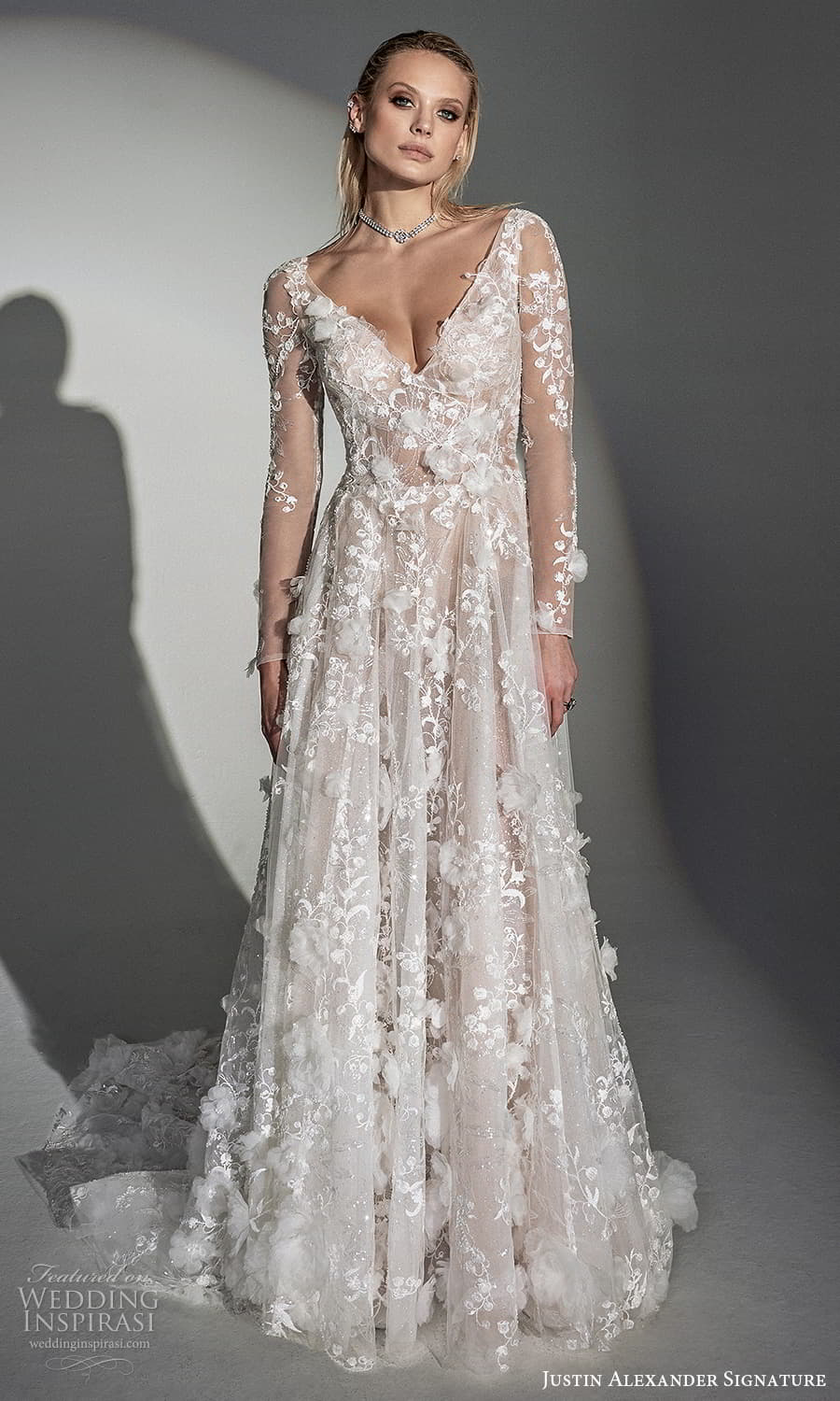 justin alexander signature fall 2023 bridal sheer long sleeve v neckline fully embellished a line wedding dress chapel train (15) mv