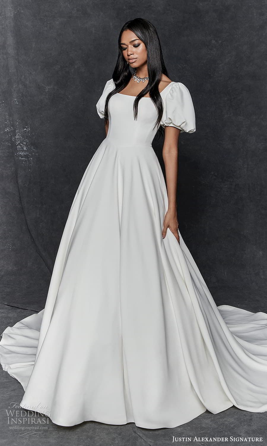 justin alexander signature fall 2023 bridal short puff sleeve square neckline clean minimalist a line ball gown wedding dress chapel t rain (6) mv