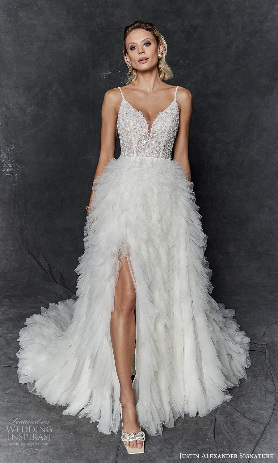 justin alexander signature fall 2023 bridal sleeveless straps sweetheart neckline embellished bodice ruffle skirt a line wedding dress chapel train (2) mv