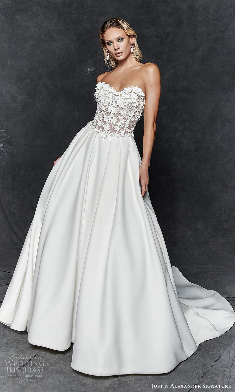 justin alexander signature fall 2023 bridal strapless sweetheart neckline embellished bodice clean skirt a line ball gown wedding dress chapel train (12) mv