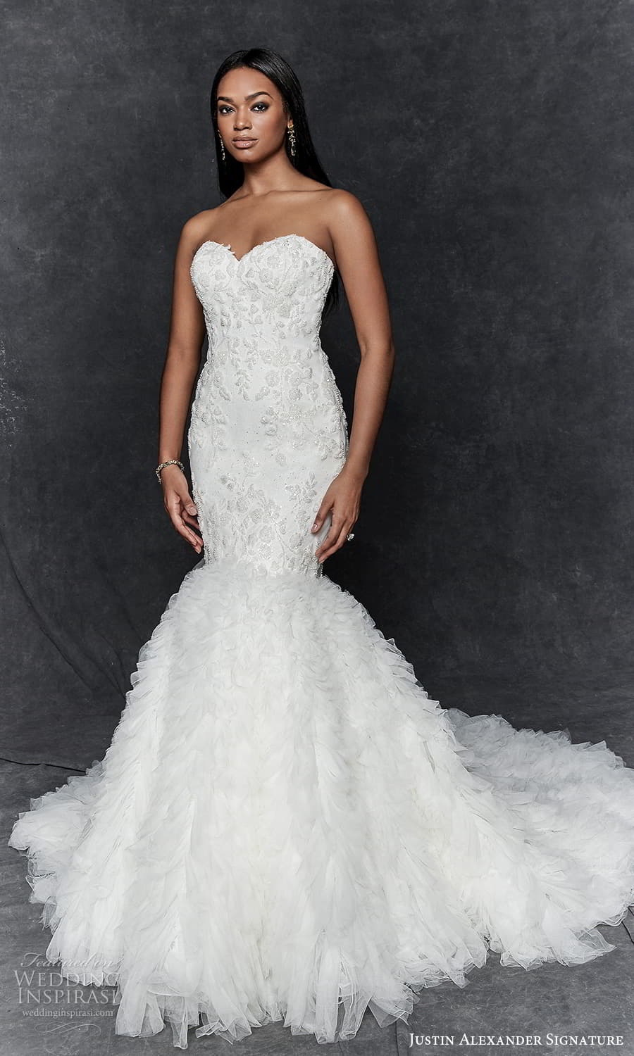 justin alexander signature fall 2023 bridal strapless sweetheart neckline heavily embellished mermaid wedding dress ruffle skirt chapel train (10) mv justin alexander signature fall 2023 bridal strapless sweetheart neckline heavily embellished mermaid wedding dress ruffle skirt chapel train (10) mv