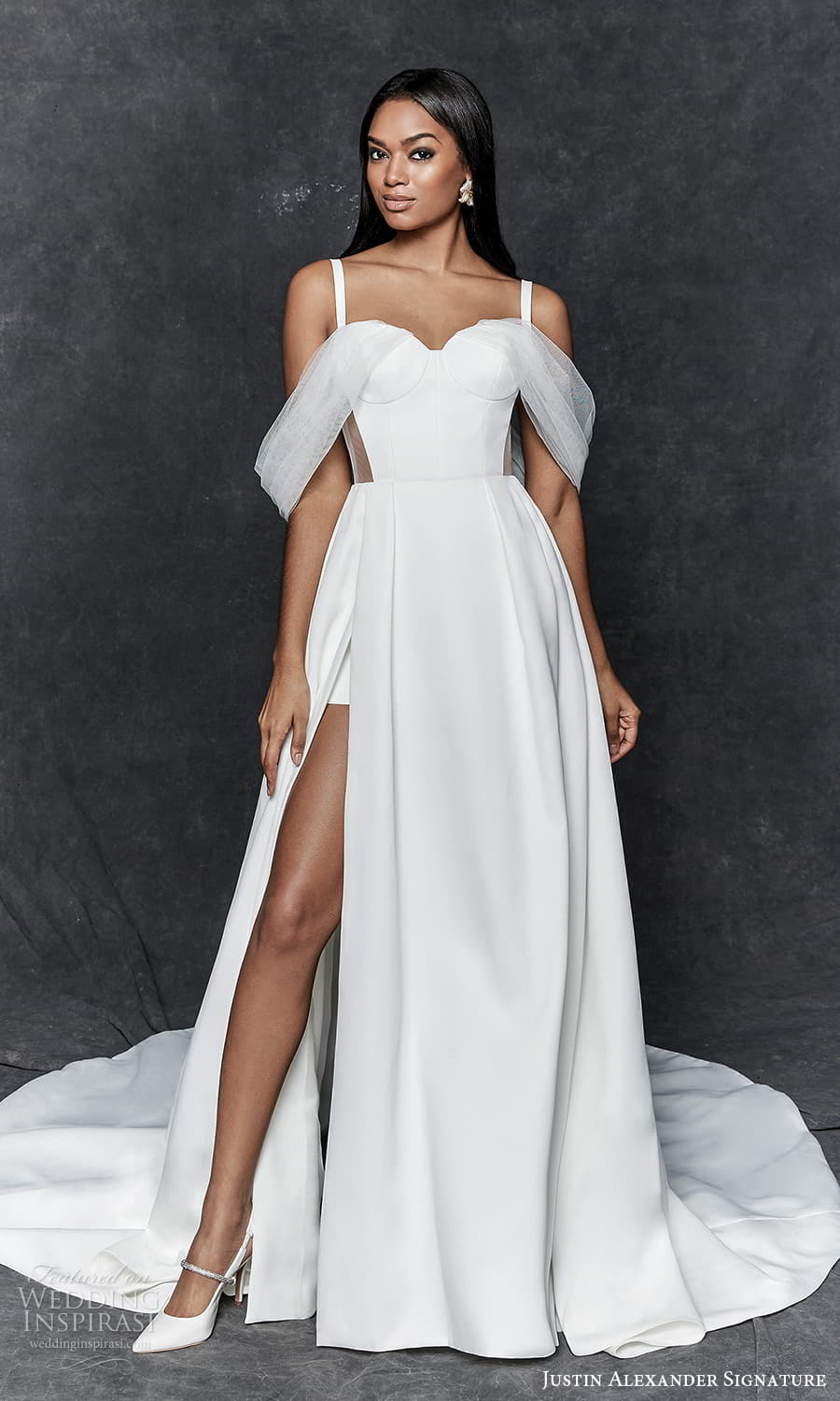 justin alexander signature fall 2023 bridal swag sleeves strap sweetheart neckline clean minimalist a line wedding dress slit skirt chapel train (12) mv