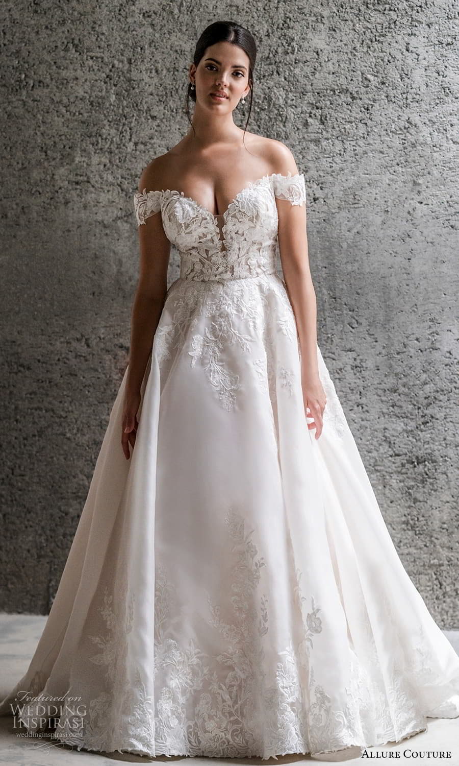allure couture spring 2023 bridal off shoulder strap swag sleeve sweetheart neckline embellished a line ball gown wedding dress chapel train (12) mv