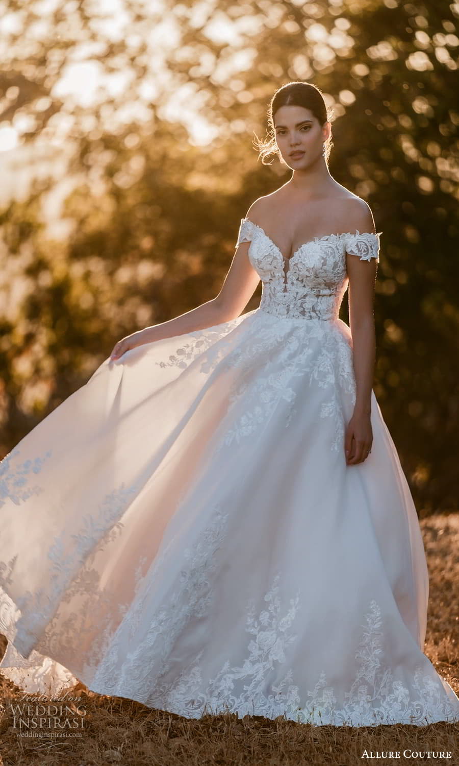 allure couture spring 2023 bridal off shoulder strap swag sleeve sweetheart neckline embellished a line ball gown wedding dress chapel train (12) sv