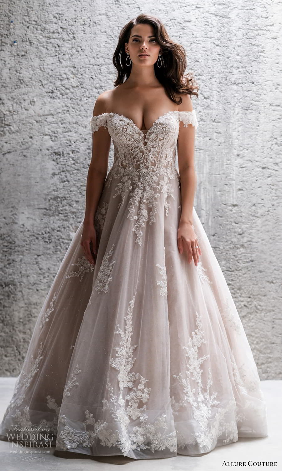 allure couture spring 2023 bridal off shoulder strap swag sleeve sweetheart neckline heavily embellished bodice a line ball gown wedding dress chapel train blush (7) mv