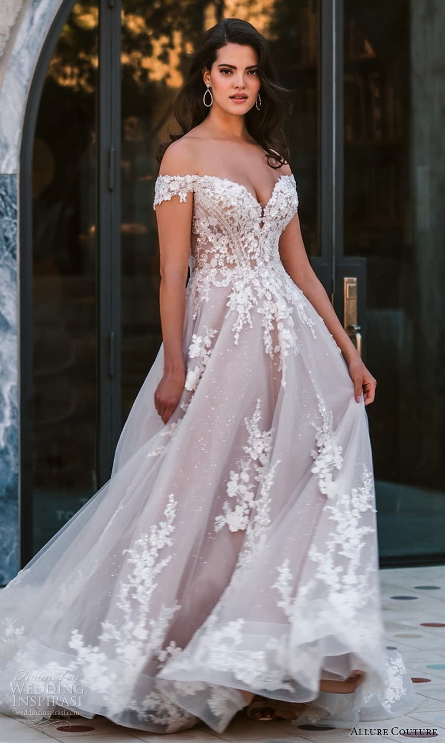allure couture spring 2023 bridal off shoulder strap swag sleeve sweetheart neckline heavily embellished bodice a line ball gown wedding dress chapel train blush (7) sv