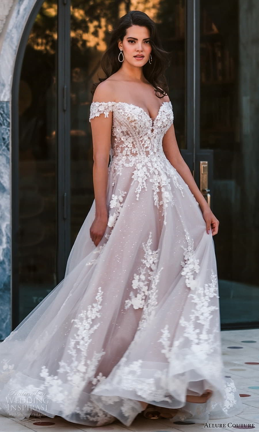 allure couture spring 2023 bridal off shoulder strap swag sleeve sweetheart neckline heavily embellished bodice a line ball gown wedding dress chapel train blush (7) sv allure couture spring 2023 bridal off shoulder strap swag sleeve sweetheart neckline heavily embellished bodice a line ball gown wedding dress chapel train blush (7) sv
