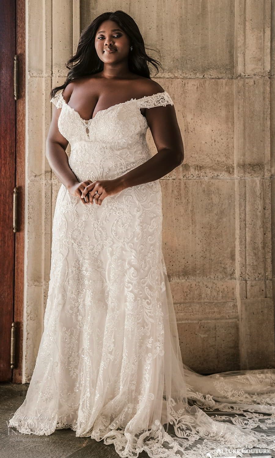 allure couture spring 2023 bridal off shoulder strap sweetheart neckline fully embellished sheath plus size wedding dress chapel cathedral train (2) mv allure couture spring 2023 bridal off shoulder strap sweetheart neckline fully embellished sheath plus size wedding dress chapel cathedral train (2) mv
