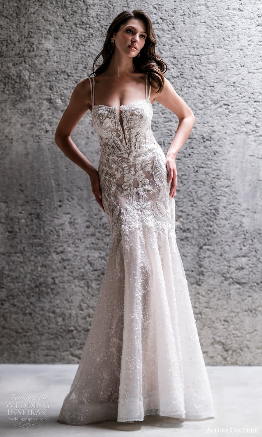 allure couture spring 2023 bridal sleeveless double straps split square neckline fully embellisehed fit flare wedding dress chapel trarni (6) mv