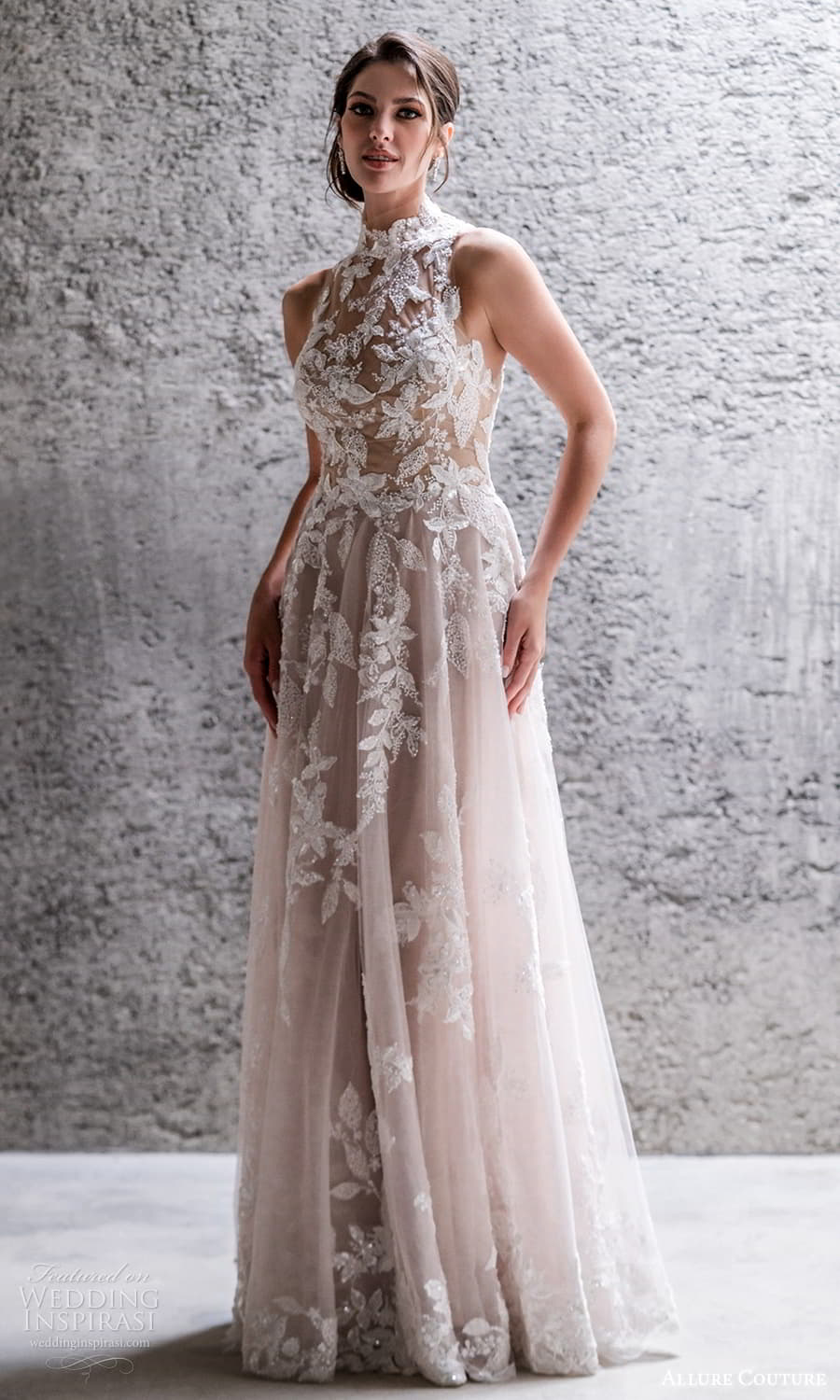 allure couture spring 2023 bridal sleeveless high halter neckline fully embellished a line wedding dress chapel train (5) mv