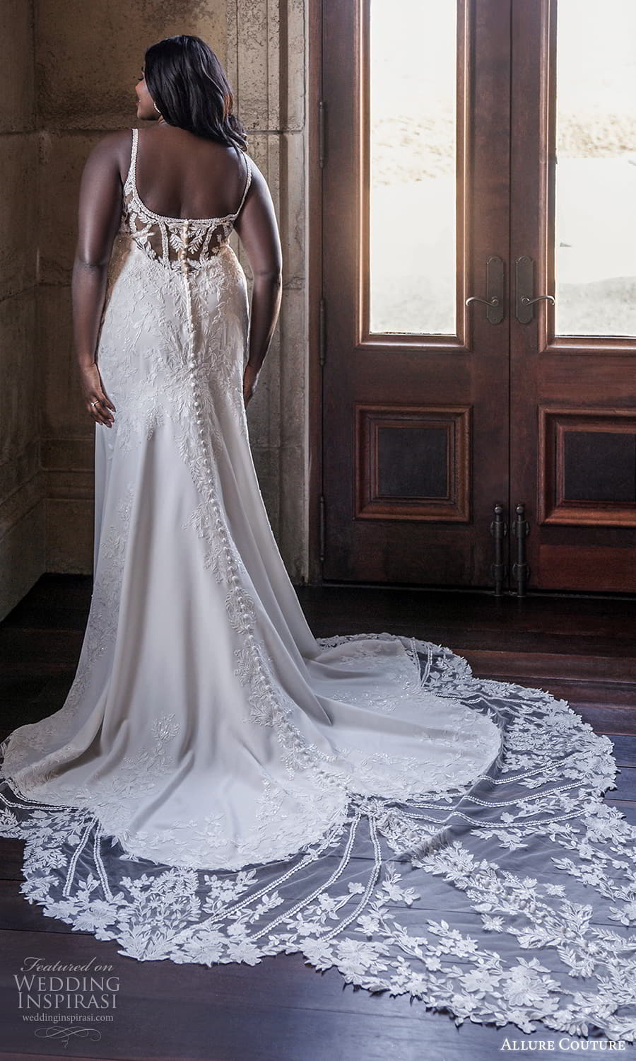 allure couture spring 2023 bridal sleeveless straps v neckline fully embellished sheath wedding dress 3 point cathedral train (3) bv