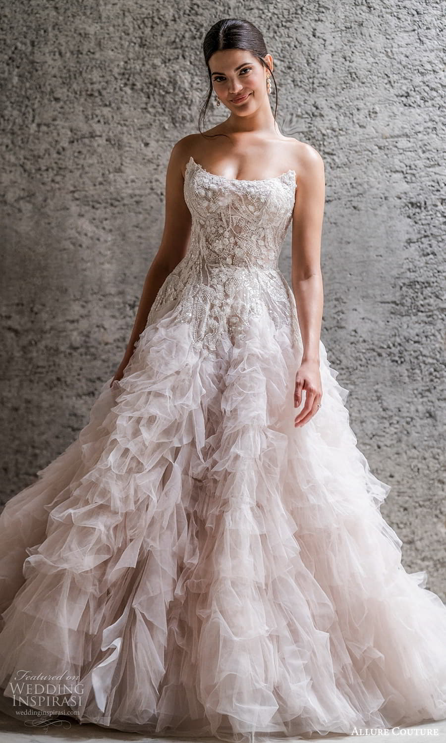 allure couture spring 2023 bridal strapless scoop neckline heavily embellished bodice a line ball gown wedding dress tiered skirt chapel train (1) mv