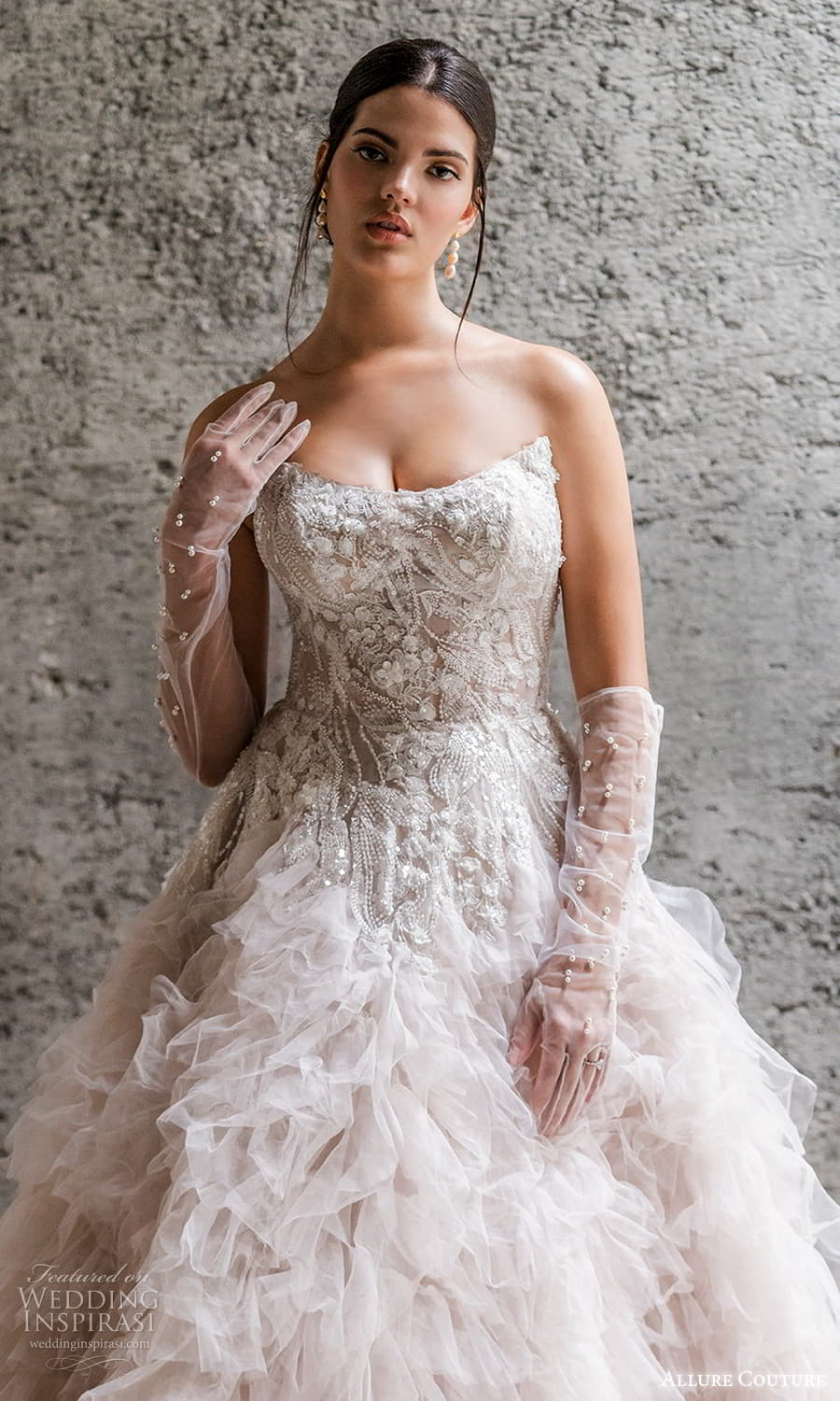allure couture spring 2023 bridal strapless scoop neckline heavily embellished bodice a line ball gown wedding dress tiered skirt chapel train (1) zv