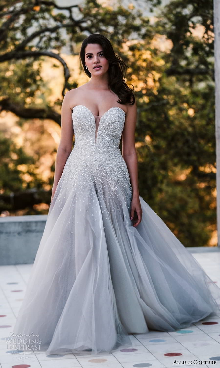 allure couture spring 2023 bridal strapless sweetheart heavily embellished bodice a line ball gown wedding dress grey gray ombre skirt (8) mv
