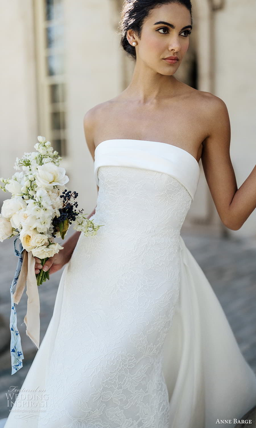 anne barge spring 2024 bridal strapless straight across neckline sheath wedding dress a line overskirt (4) zv
