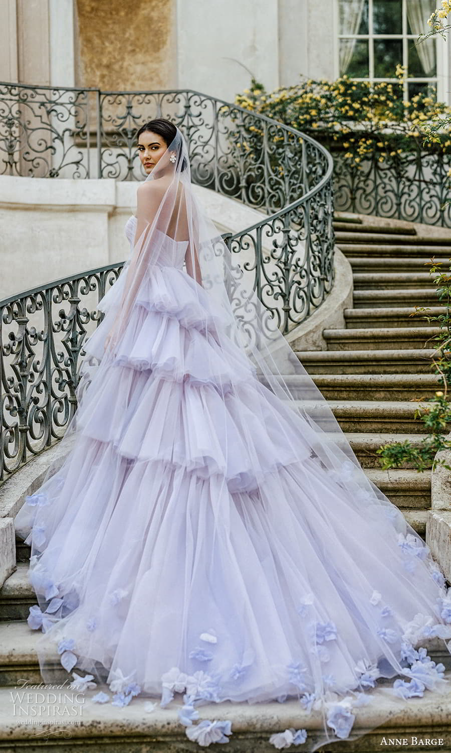 anne barge spring 2024 bridal strapless sweetheart neckline a line ball gown wedding dress tiered skirt chapel train lavender purplr color veil (1) bv anne barge spring 2024 bridal strapless sweetheart neckline a line ball gown wedding dress tiered skirt chapel train lavender purplr color veil (1) bv