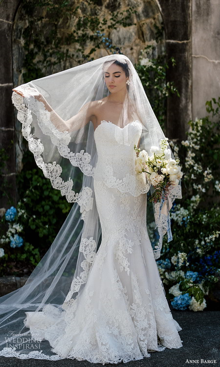 anne barge spring 2024 bridal strapless sweetheart neckline fully embellished fit flare sheath wedding dress chapel train veil (3) mv