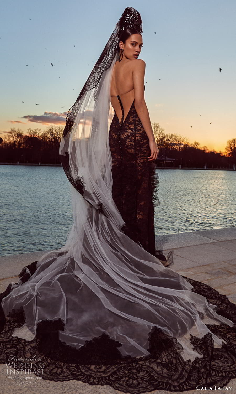 galia lahav spring 2024 couture bridal long sleeve high neck top fit flare mermaid wedding dress ruffle skirt chapel train (8) bv